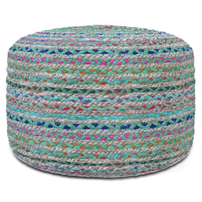 20" Blue Gray and Green Jute and Cotton Striped Round Pouf Ottoman HomeRoots