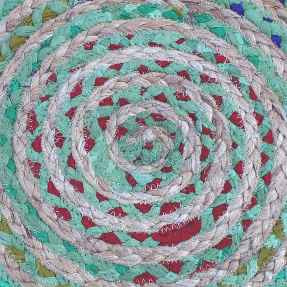 20" Blue Gray and Green Jute and Cotton Striped Round Pouf Ottoman — view 8