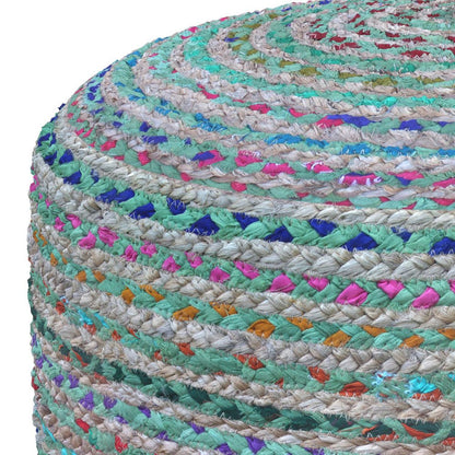 20" Blue Gray and Green Jute and Cotton Striped Round Pouf Ottoman HomeRoots