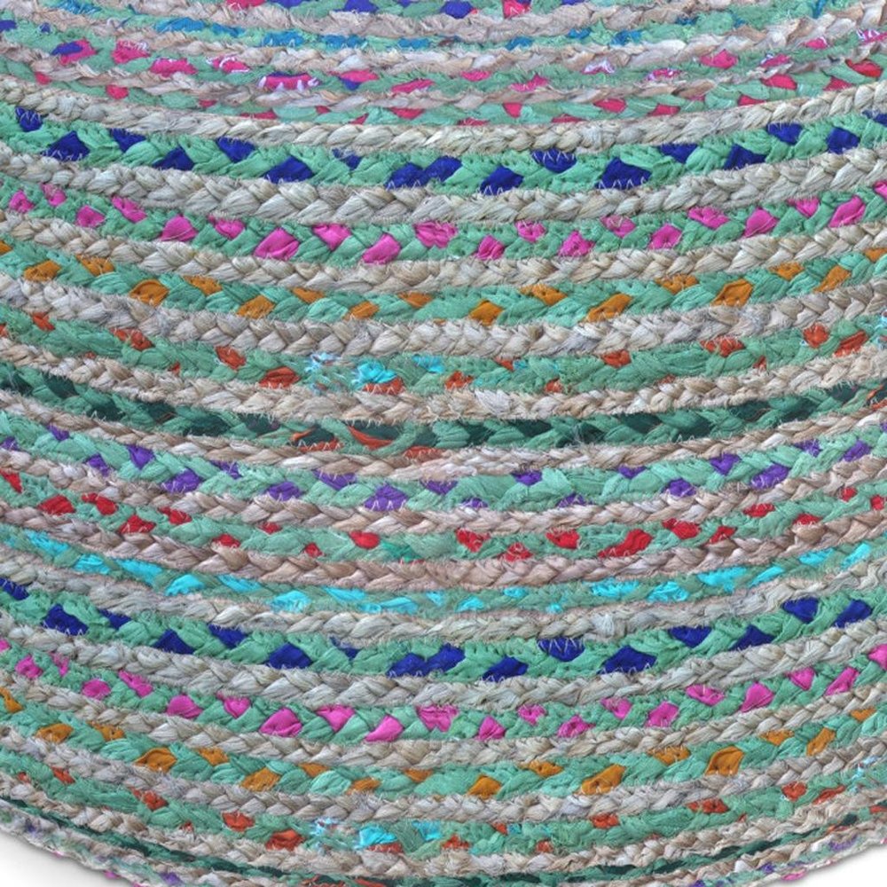 20" Blue Gray and Green Jute and Cotton Striped Round Pouf Ottoman — view 10