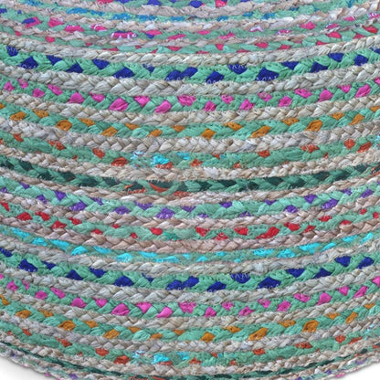 20" Blue Gray and Green Jute and Cotton Striped Round Pouf Ottoman