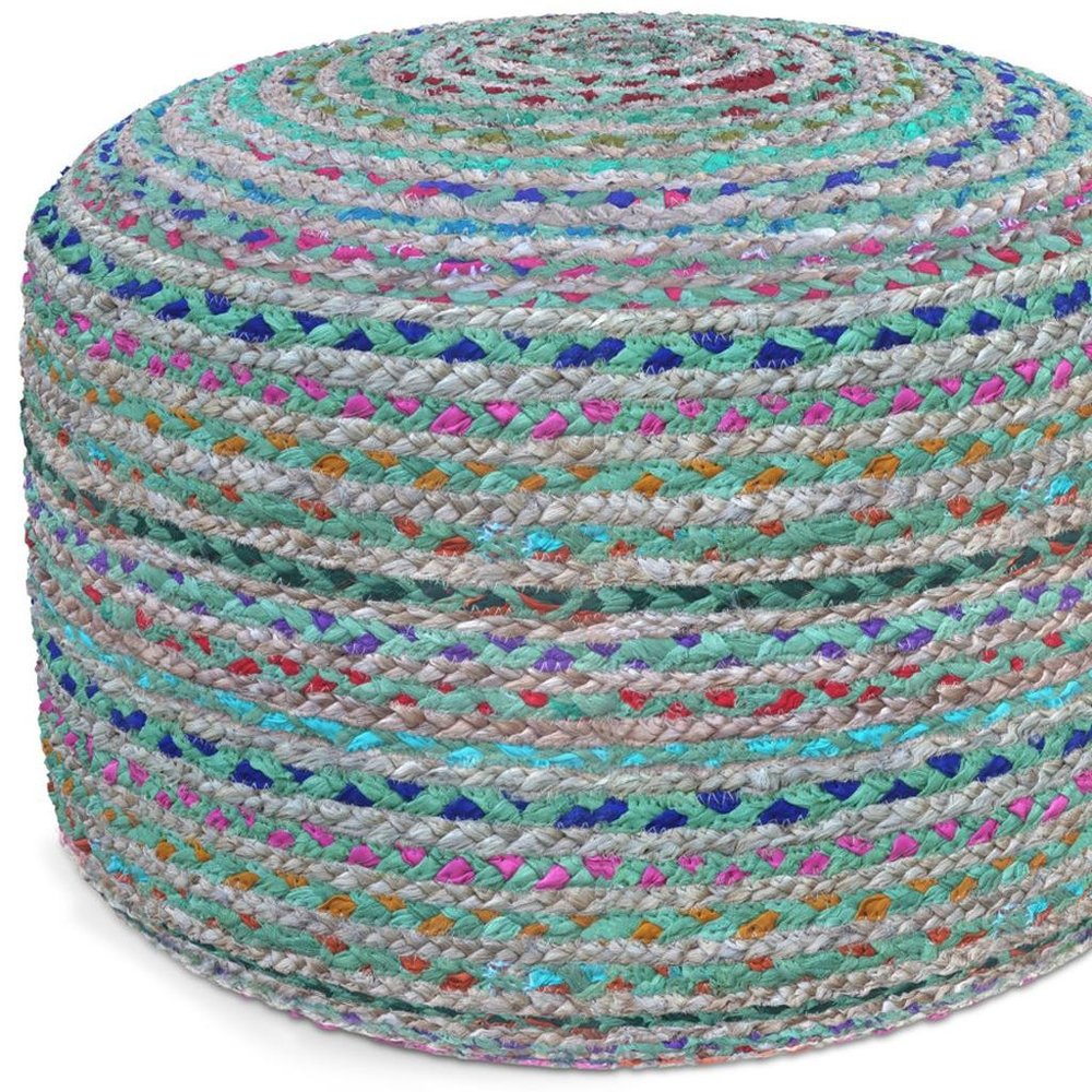 20" Blue Gray and Green Jute and Cotton Striped Round Pouf Ottoman HomeRoots