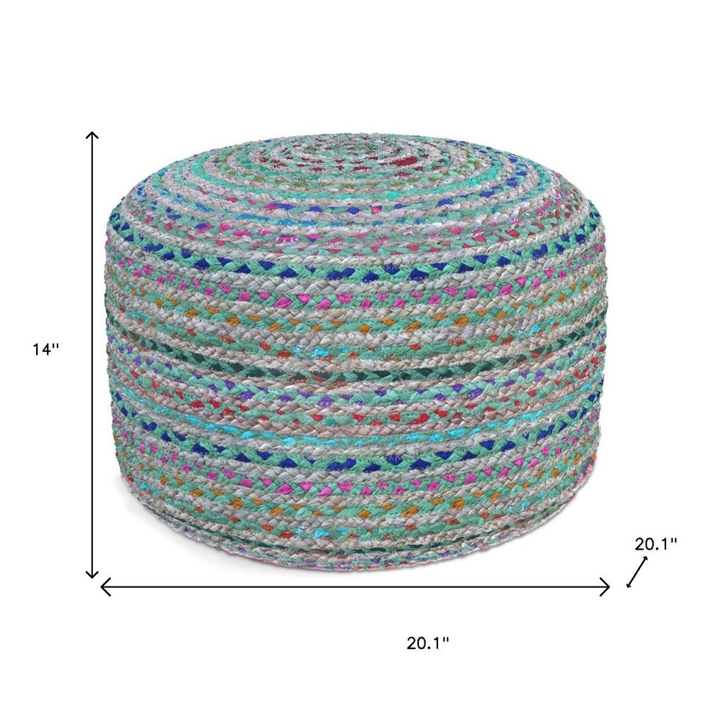 20" Blue Gray and Green Jute and Cotton Striped Round Pouf Ottoman — view 12