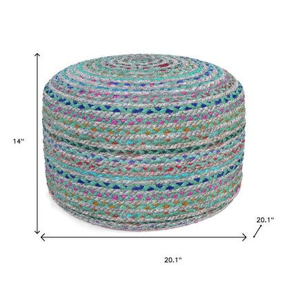 20" Blue Gray and Green Jute and Cotton Striped Round Pouf Ottoman