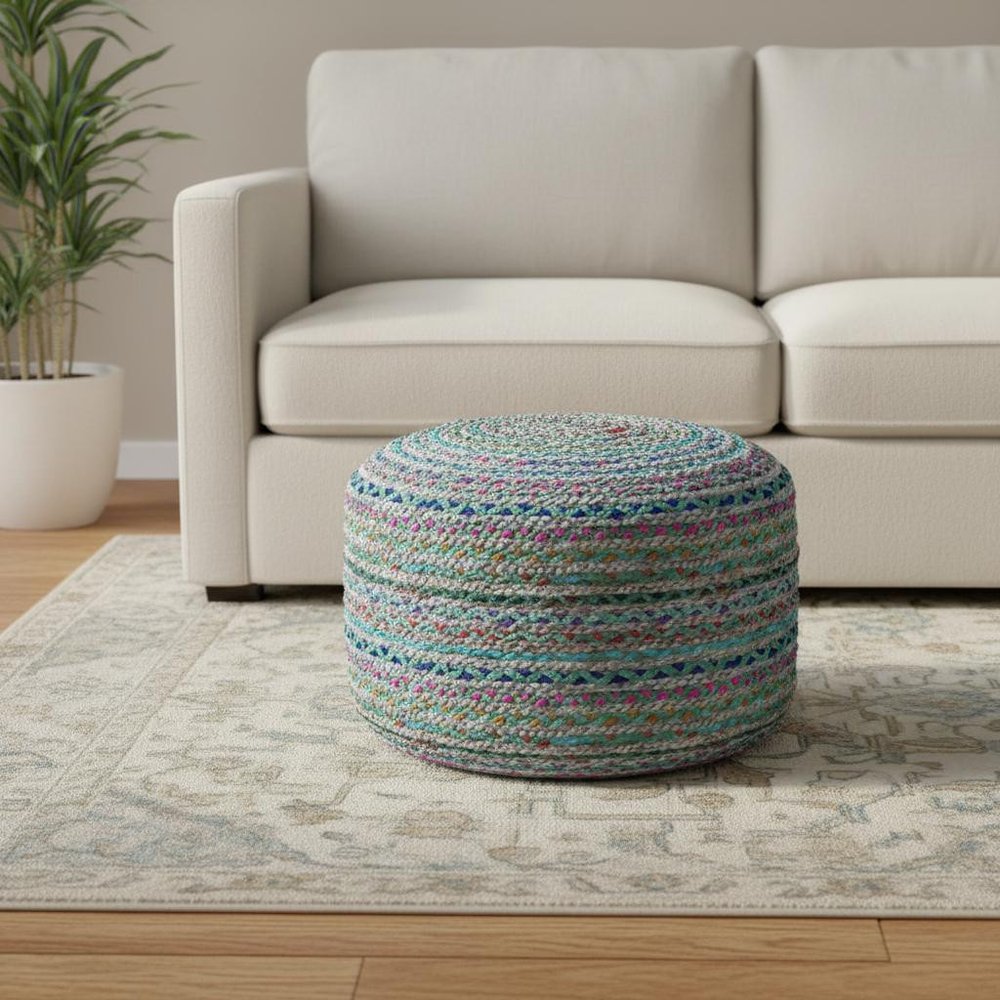 20" Blue Gray and Green Jute and Cotton Striped Round Pouf Ottoman HomeRoots