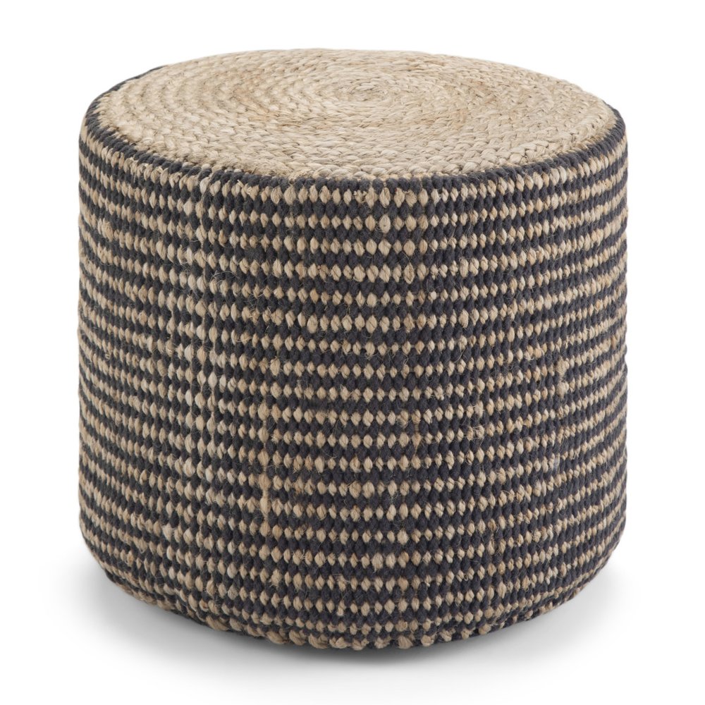 18" Black and Natural Jute Round Pouf Ottoman HomeRoots