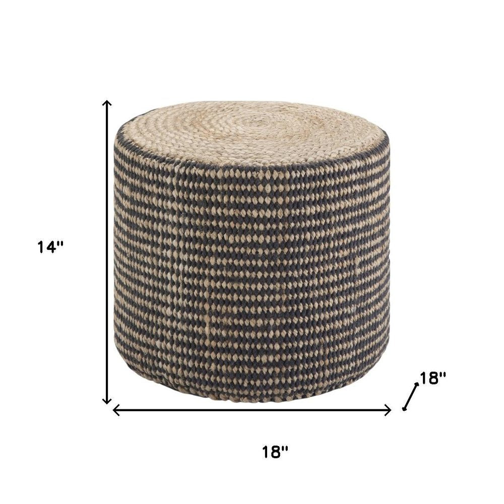 18" Black and Natural Jute Round Pouf Ottoman HomeRoots