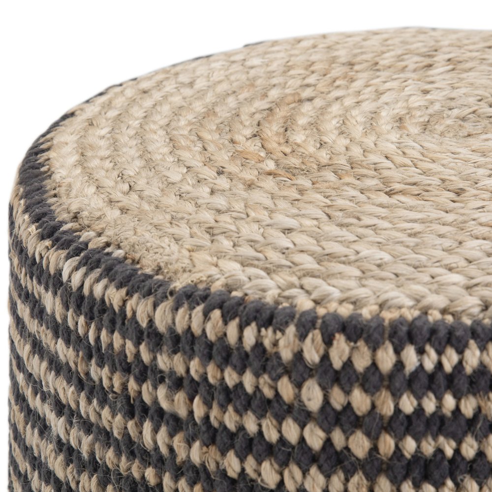 18" Black and Natural Jute Round Pouf Ottoman HomeRoots