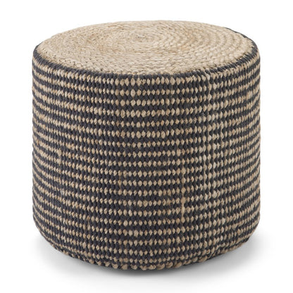 18" Black and Natural Jute Round Pouf Ottoman HomeRoots