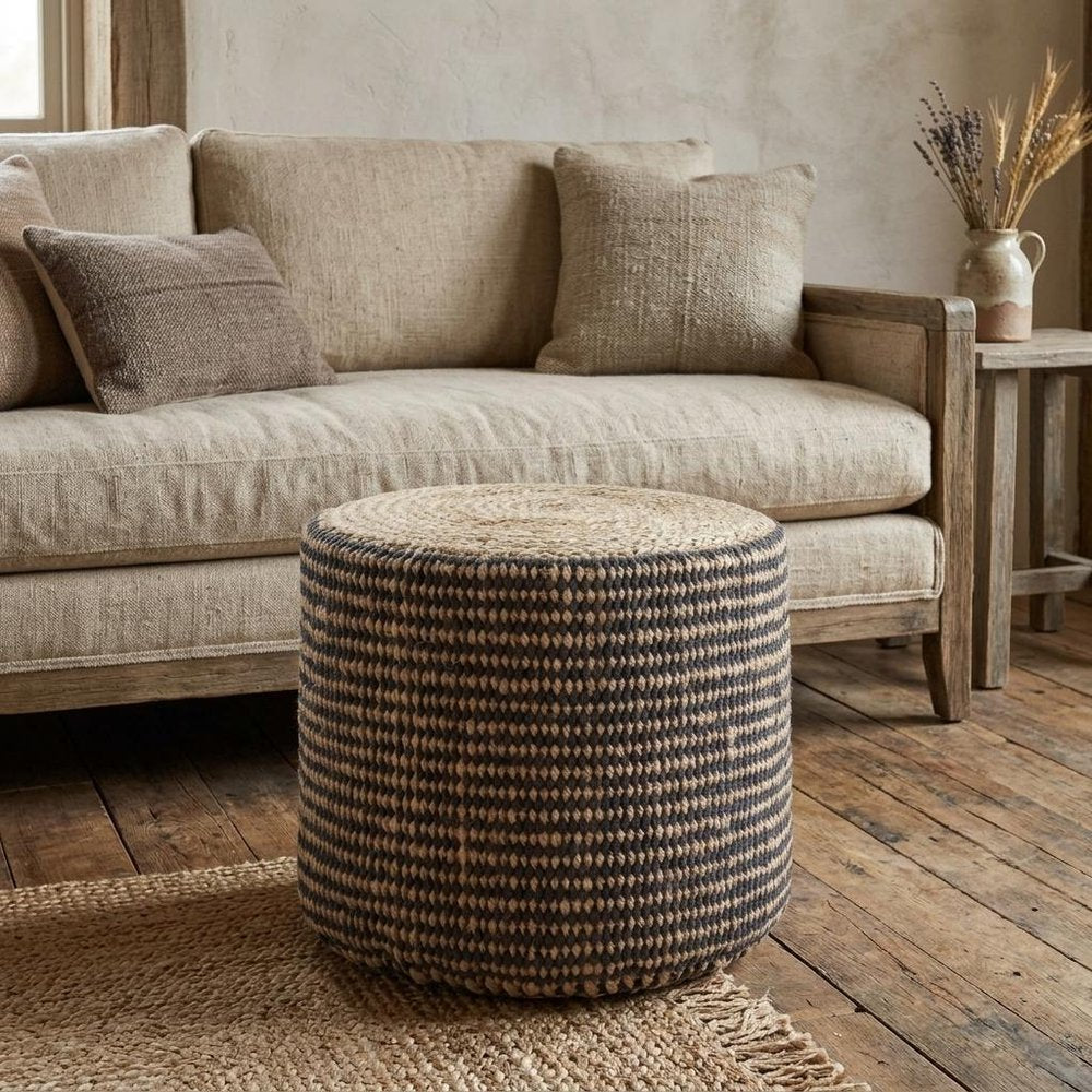18" Black and Natural Jute Round Pouf Ottoman HomeRoots