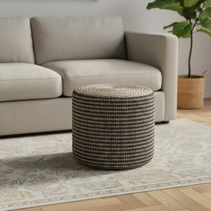 18" Black and Natural Jute Round Pouf Ottoman HomeRoots