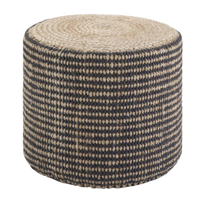18" Black and Natural Jute Round Pouf Ottoman HomeRoots