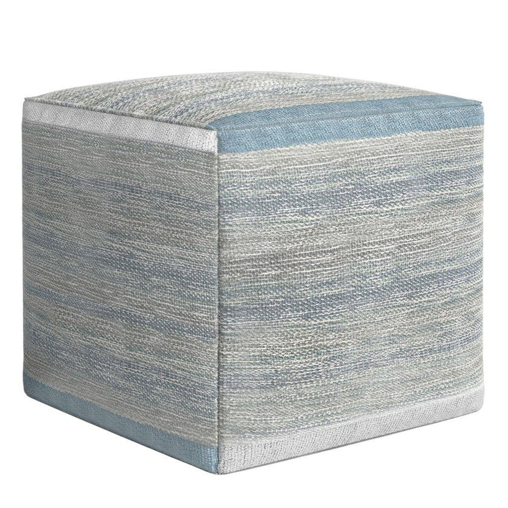 16" Blue Gray and Off White Cotton Abstract Cube Pouf Ottoman HomeRoots