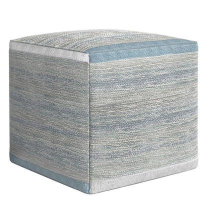 16" Blue Gray and Off White Cotton Abstract Cube Pouf Ottoman HomeRoots