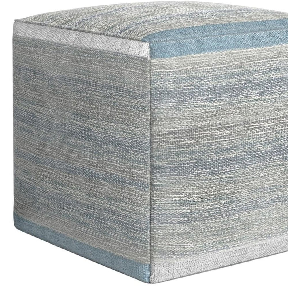 16" Blue Gray and Off White Cotton Abstract Cube Pouf Ottoman — view 8