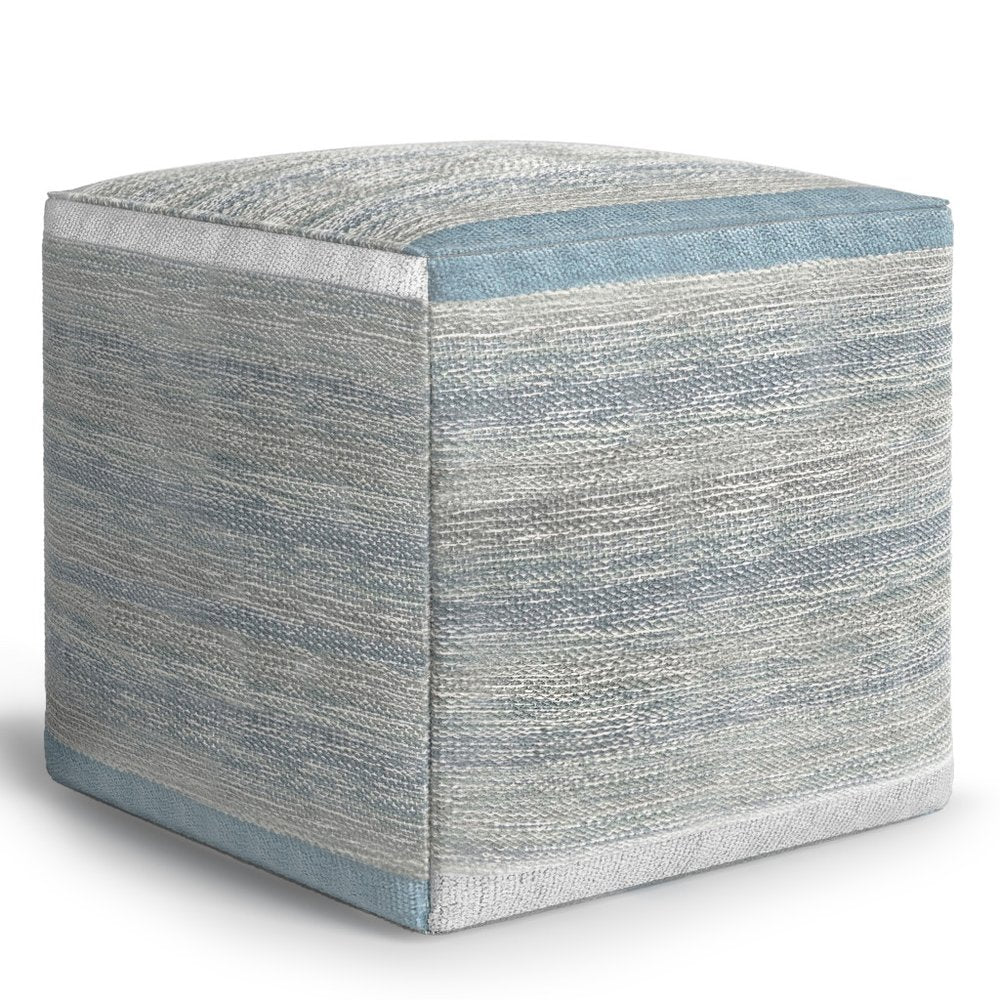 16" Blue Gray and Off White Cotton Abstract Cube Pouf Ottoman HomeRoots