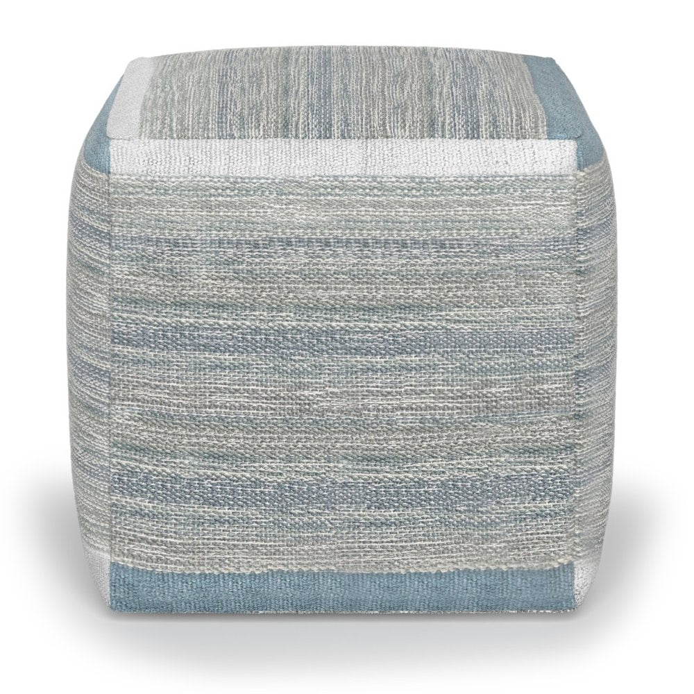 16" Blue Gray and Off White Cotton Abstract Cube Pouf Ottoman HomeRoots