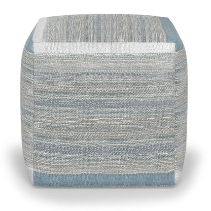 16" Blue Gray and Off White Cotton Abstract Cube Pouf Ottoman HomeRoots