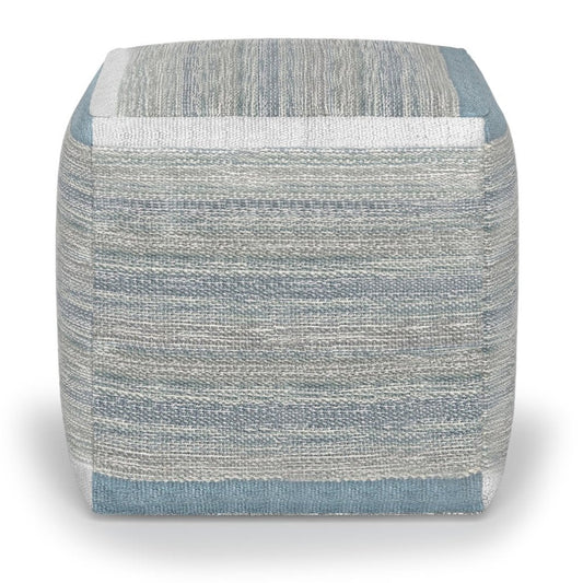 16" Blue Gray and Off White Cotton Abstract Cube Pouf Ottoman