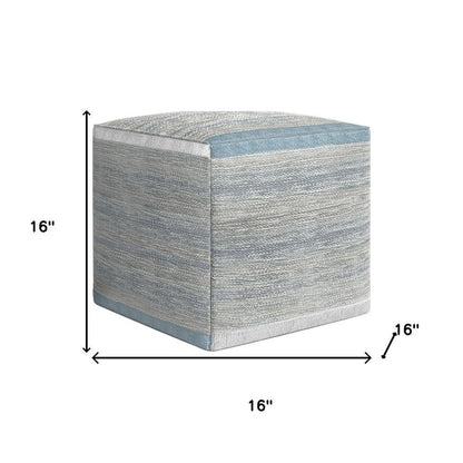 16" Blue Gray and Off White Cotton Abstract Cube Pouf Ottoman HomeRoots