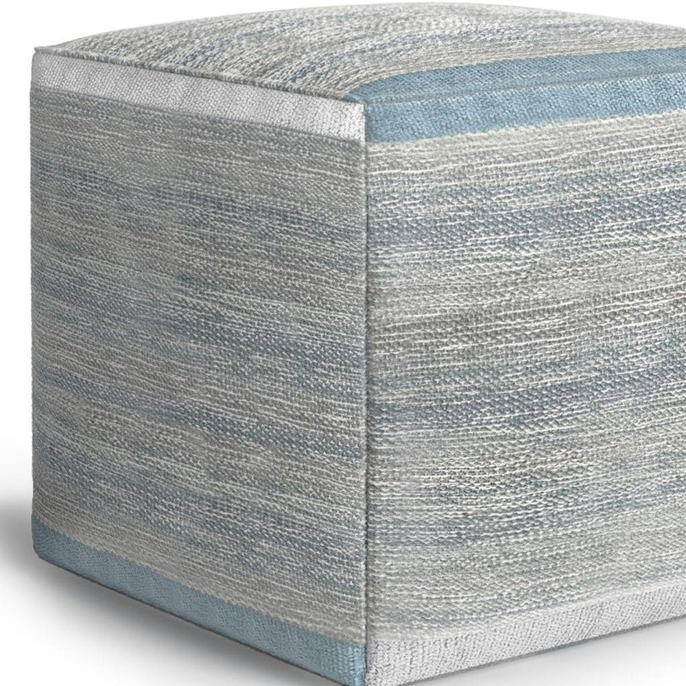 16" Blue Gray and Off White Cotton Abstract Cube Pouf Ottoman — view 5