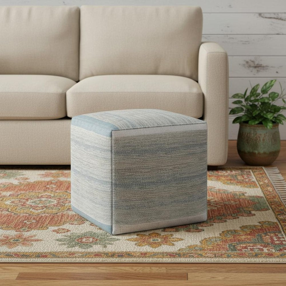 16" Blue Gray and Off White Cotton Abstract Cube Pouf Ottoman HomeRoots