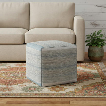 16" Blue Gray and Off White Cotton Abstract Cube Pouf Ottoman HomeRoots