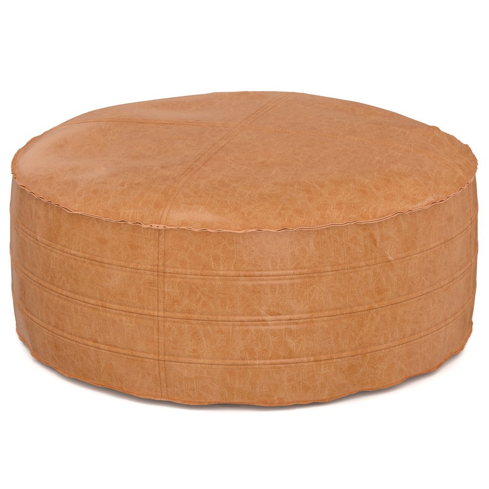 32" Brown Faux Leather Round Pouf Ottoman — view 1