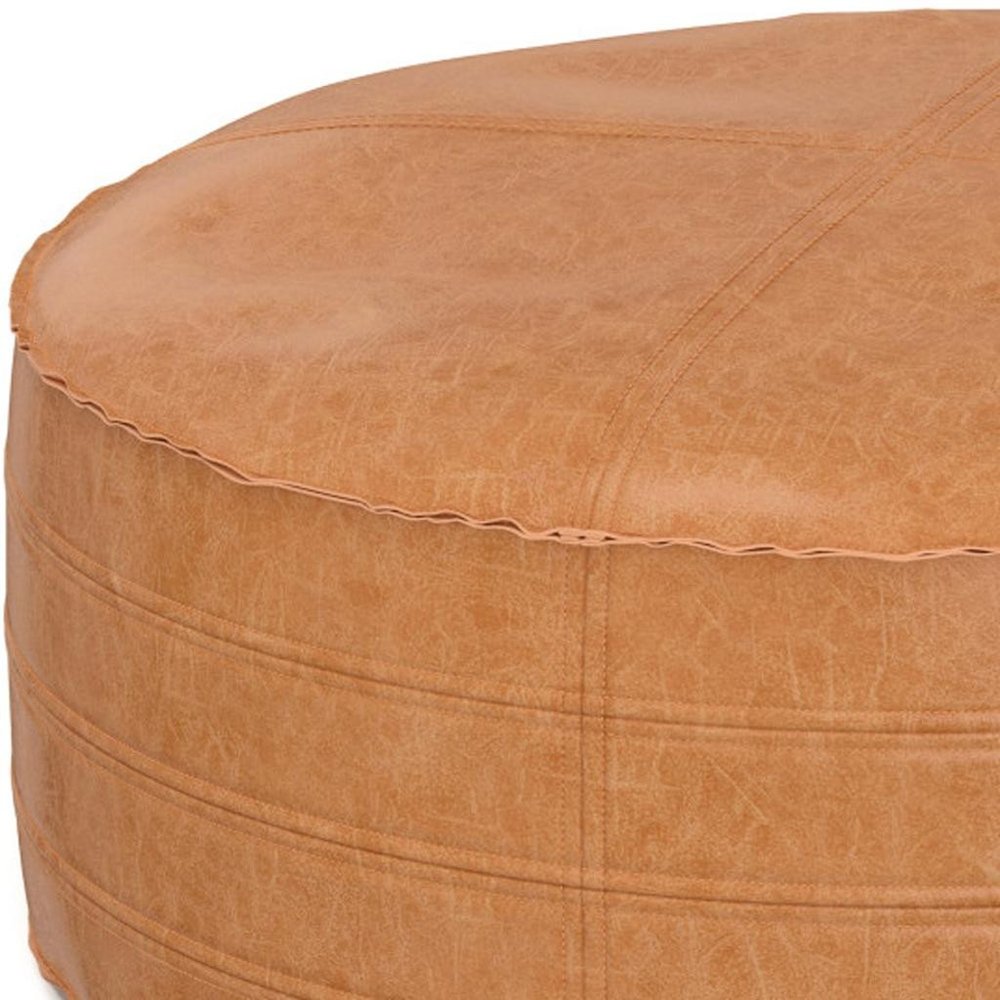 32" Brown Faux Leather Round Pouf Ottoman — view 4