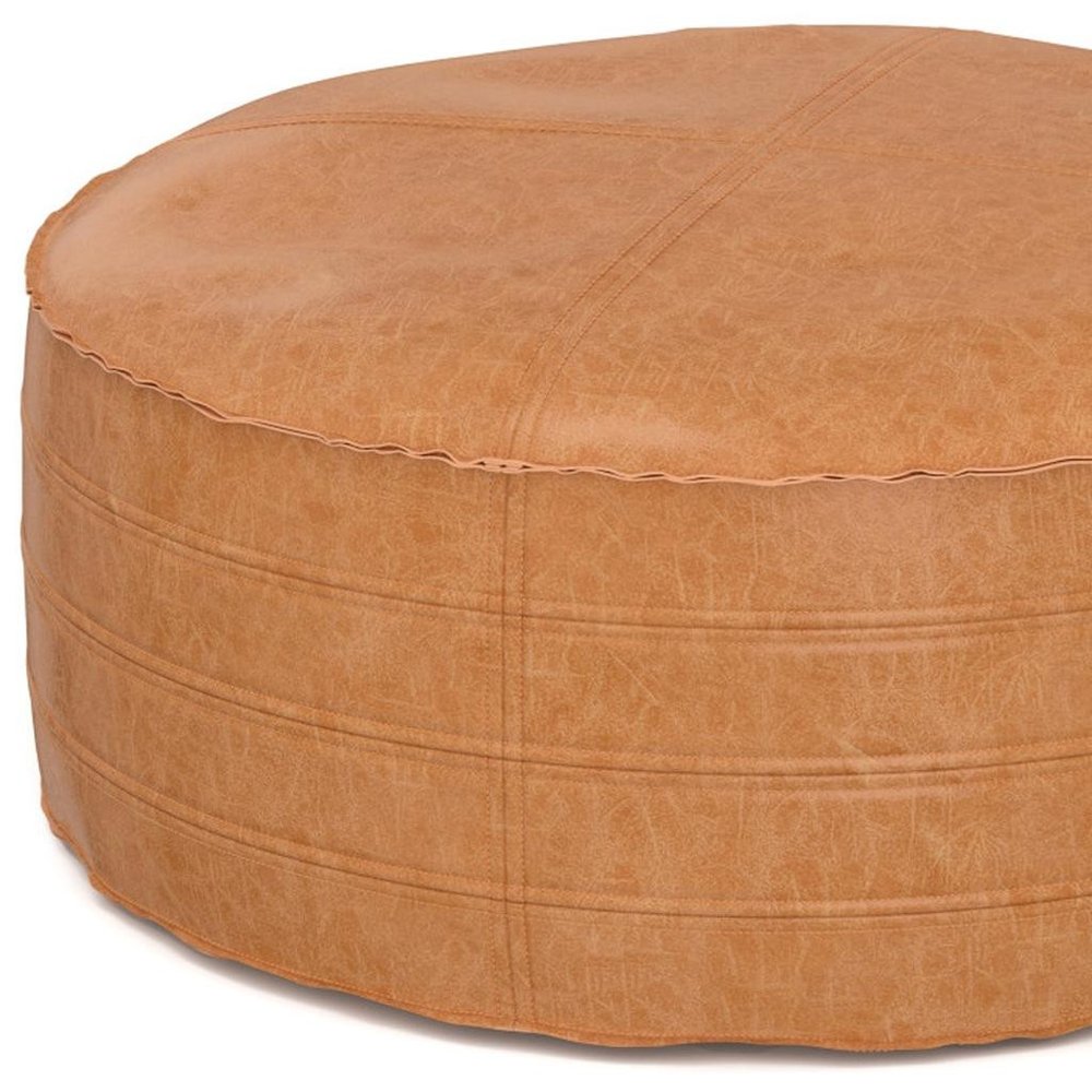 32" Brown Faux Leather Round Pouf Ottoman HomeRoots