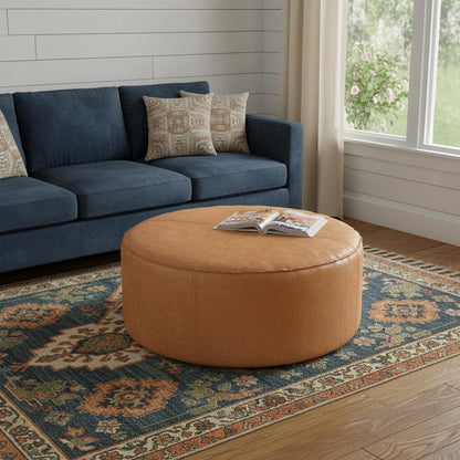 32" Brown Faux Leather Round Pouf Ottoman HomeRoots