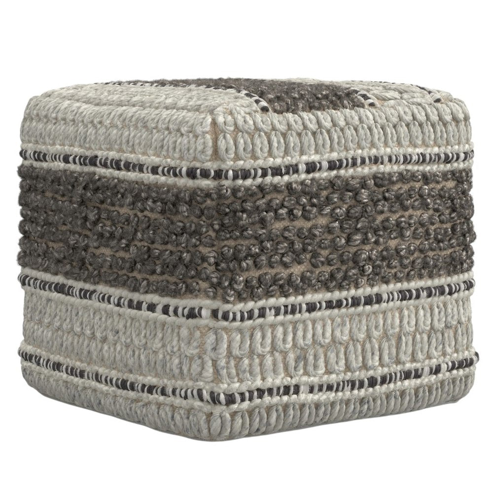18" Blue Brown and Off White Cotton and Wool Striped Pouf Ottoman — view 8
