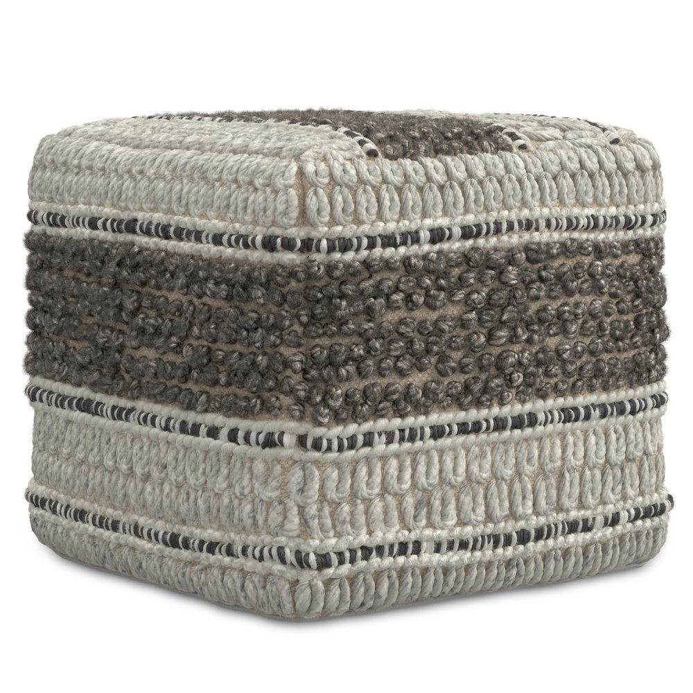 18" Blue Brown and Off White Cotton and Wool Striped Pouf Ottoman — view 1