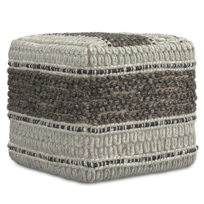 18" Blue Brown and Off White Cotton and Wool Striped Pouf Ottoman HomeRoots
