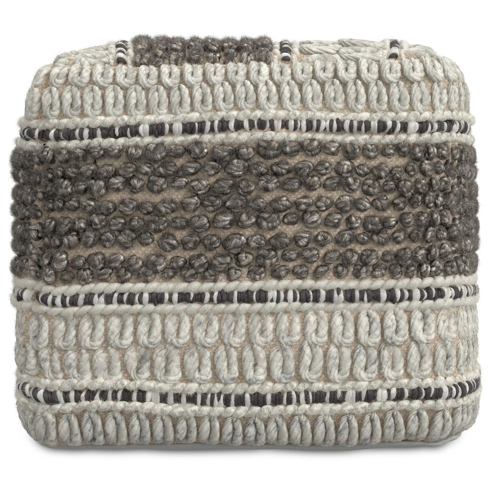 18" Blue Brown and Off White Cotton and Wool Striped Pouf Ottoman HomeRoots