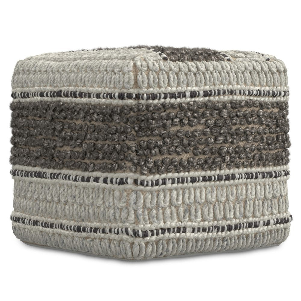 18" Blue Brown and Off White Cotton and Wool Striped Pouf Ottoman HomeRoots
