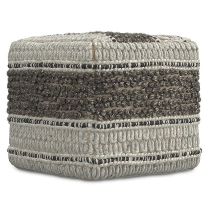 18" Blue Brown and Off White Cotton and Wool Striped Pouf Ottoman HomeRoots