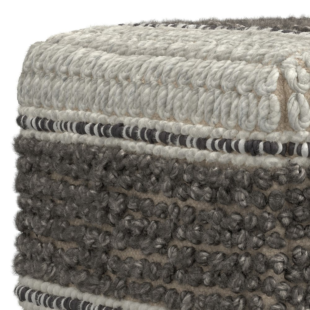 18" Blue Brown and Off White Cotton and Wool Striped Pouf Ottoman — view 4