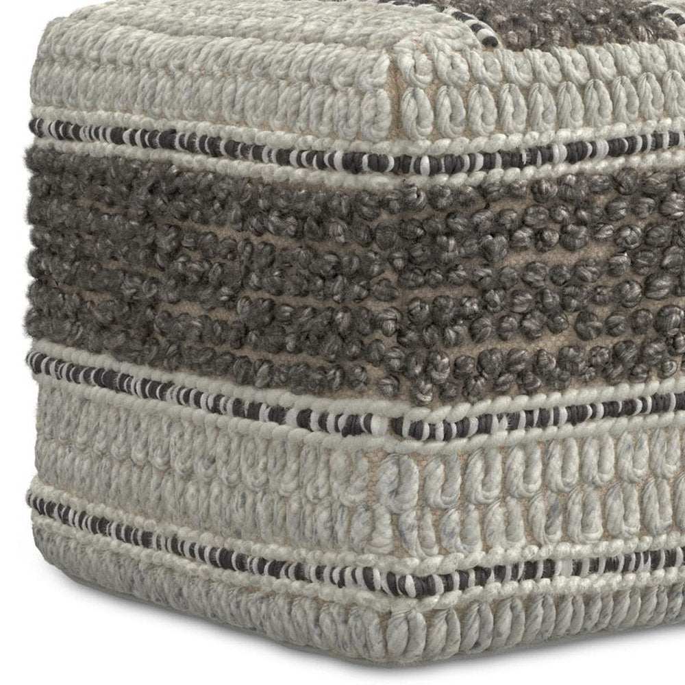 18" Blue Brown and Off White Cotton and Wool Striped Pouf Ottoman HomeRoots