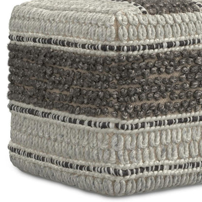 18" Blue Brown and Off White Cotton and Wool Striped Pouf Ottoman HomeRoots
