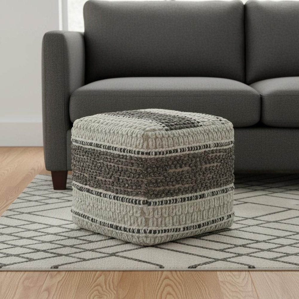 18" Blue Brown and Off White Cotton and Wool Striped Pouf Ottoman — view 7