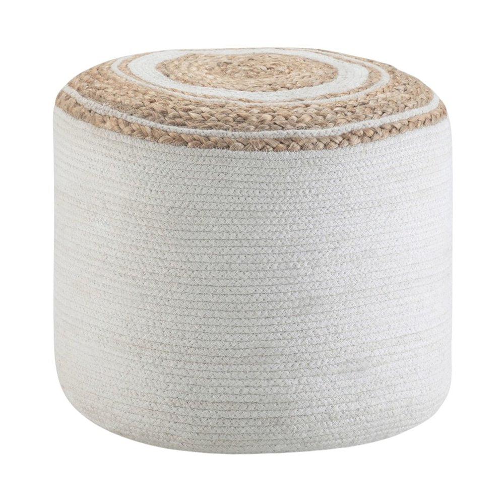 18" Natural and Off White Jute and Cotton Color Block Round Pouf Ottoman — view 2