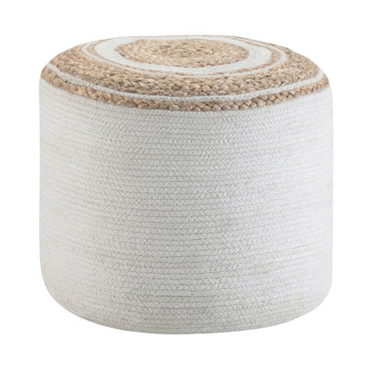 18" Natural and Off White Jute and Cotton Color Block Round Pouf Ottoman HomeRoots