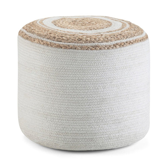18" Natural and Off White Jute and Cotton Color Block Round Pouf Ottoman