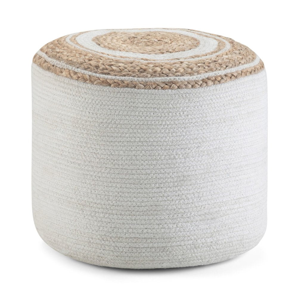 18" Natural and Off White Jute and Cotton Color Block Round Pouf Ottoman — view 3