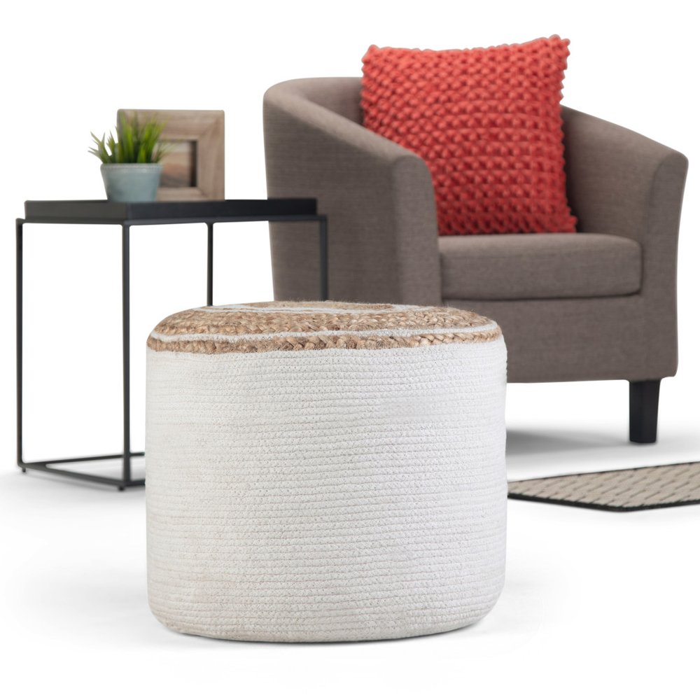 18" Natural and Off White Jute and Cotton Color Block Round Pouf Ottoman HomeRoots