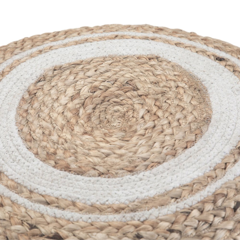 18" Natural and Off White Jute and Cotton Color Block Round Pouf Ottoman HomeRoots