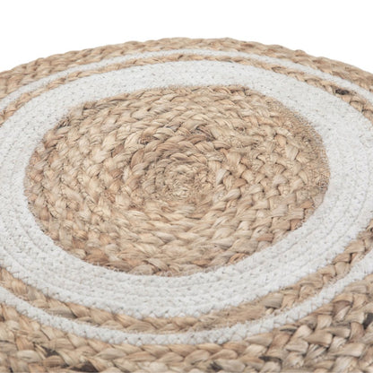 18" Natural and Off White Jute and Cotton Color Block Round Pouf Ottoman HomeRoots