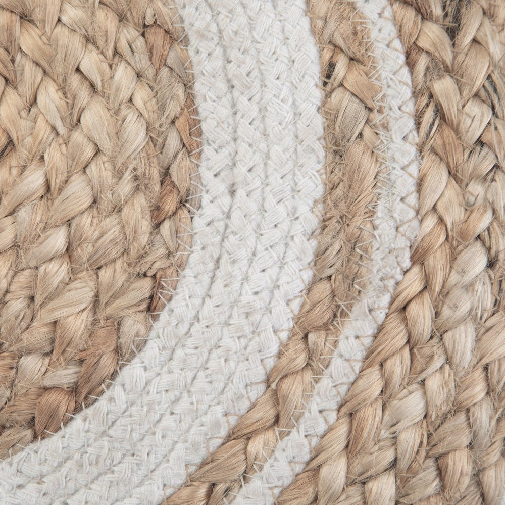 18" Natural and Off White Jute and Cotton Color Block Round Pouf Ottoman HomeRoots