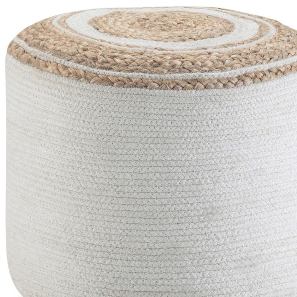 18" Natural and Off White Jute and Cotton Color Block Round Pouf Ottoman — view 6